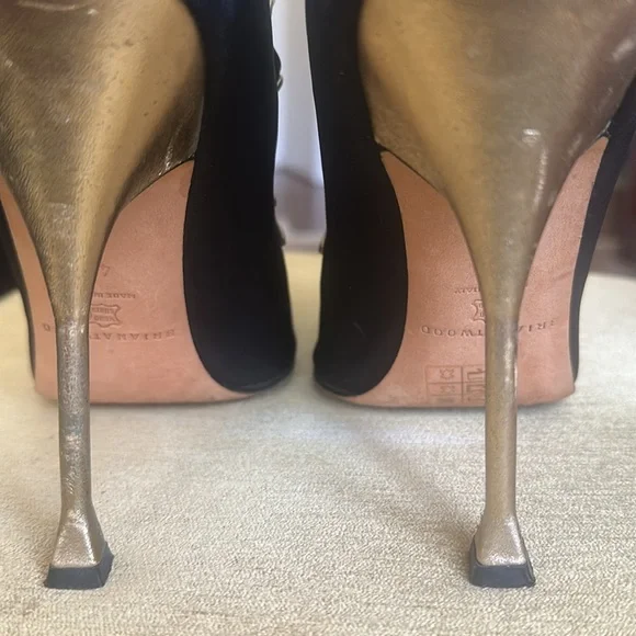 Brian Atwood Naiya Black and Gold Silk Crepe Peep-Toe High-Heel Bootie Size EU42 - Picture 12 of 16